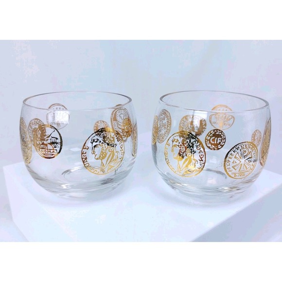 MCM Vintage Set Of 2 Federal Roman Gold Coin Roly Poly Glass Barware 2.5"x2.5"